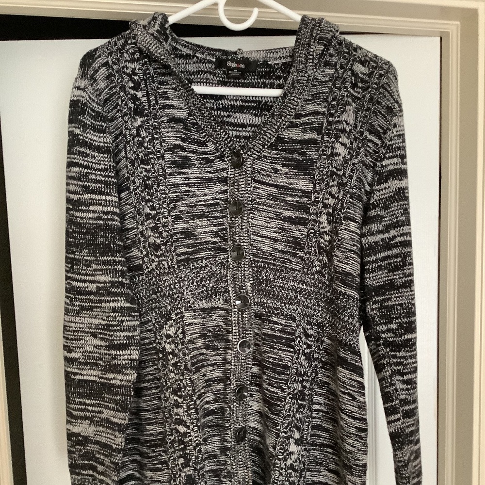 New Style & Co long button up cardigan with hood, black & white, size M